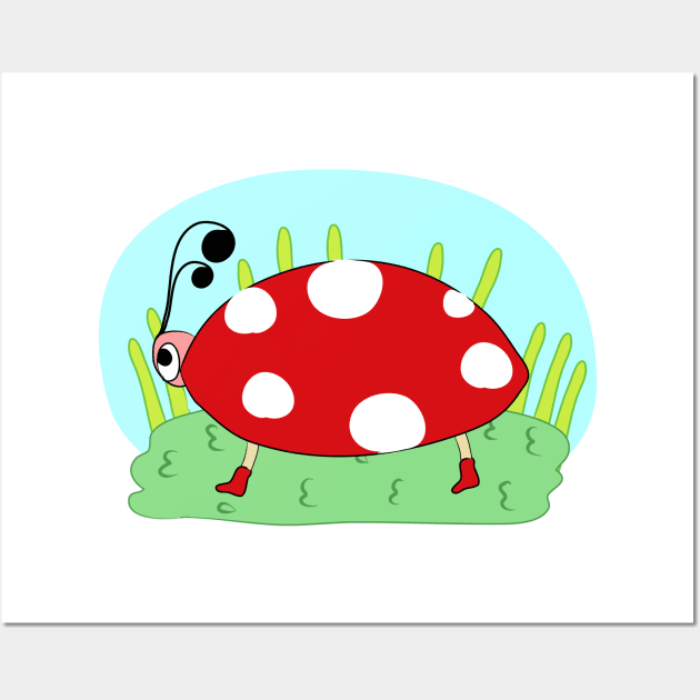 Ladybug. Children's drawing. Insect in the grass. Interesting design, modern, interesting drawing. Hobby and interest. Concept and idea. Wall Art by grafinya